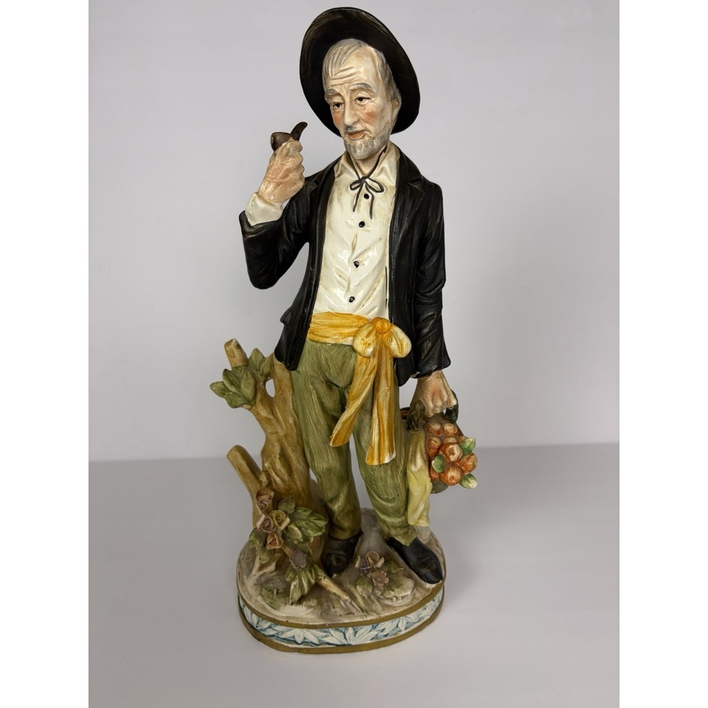 Norleans Old Man with Pipe Figurine Basket of Apples‎ Porcelain 14" Hand Painted